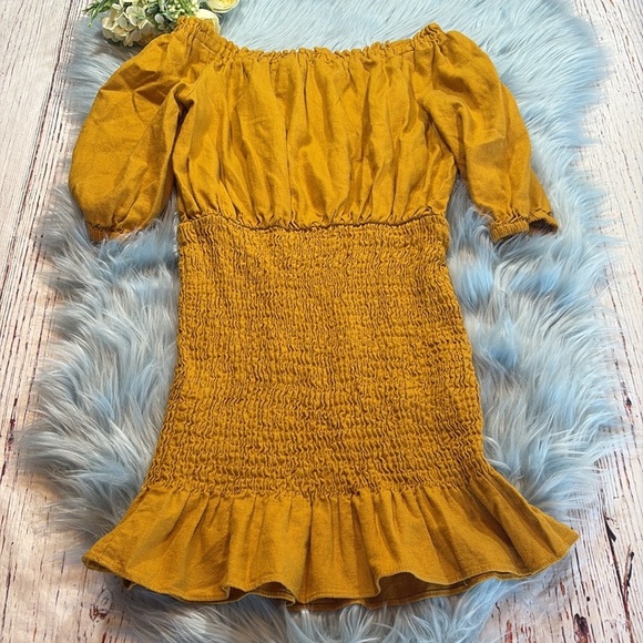 Zara Linen Off The Shoulder Smocked Mustard Dress sz S - Picture 10 of 10
